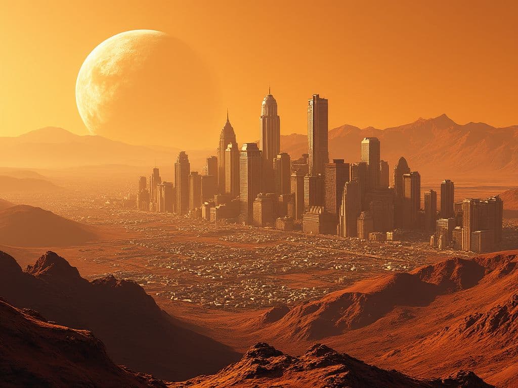 Ilon Mask: Marsda şäher gurmagyň bahasy 1 — 1000 trillion dollaryň arasynda bolup biler — Surat:Midjourney