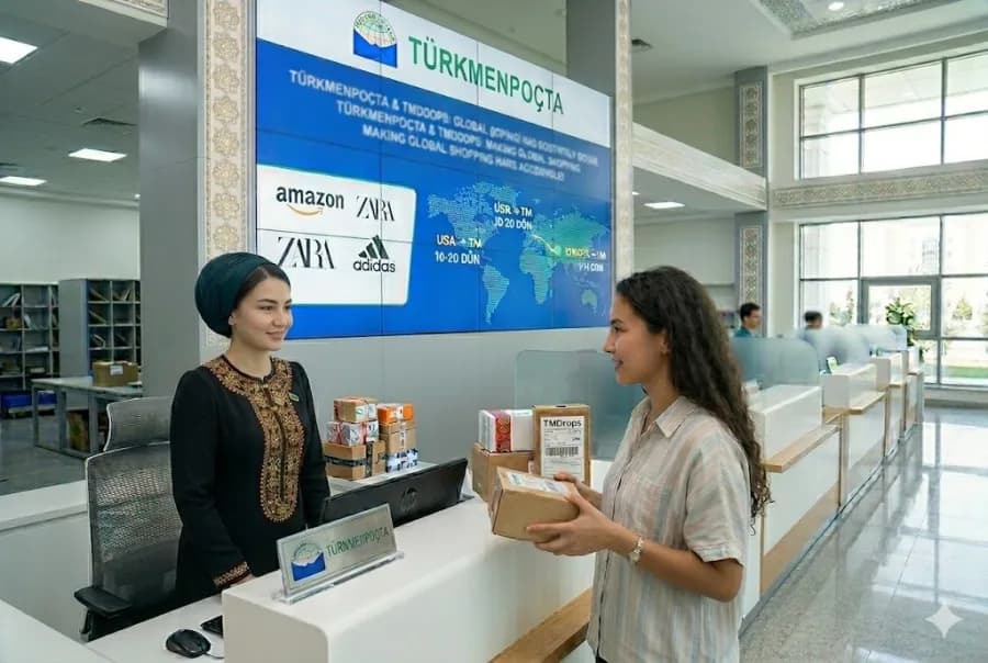 Amazon, eBay, Zara, Adidas, Balenciaga: “Türkmenpoçta” Uluslararası Online Ticaret İçin Yeni Fırsatlar Sunuyor — Görsel kaynağı: Görsel yapay zekâ tarafından oluşturuldu